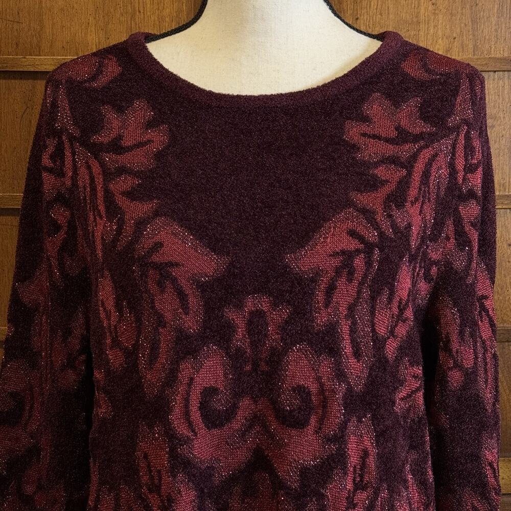 Chico’s 3 Burgundy Maroon Metallic Sparkle Brocade Sweater Size XL